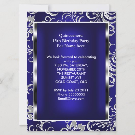 Quinceanera 15. Party Dark Blue Damask Silver Einladung (Rückseite)