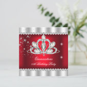 QUINCEANERA 15. Party Dark Red Silver Tiara Einladung (Stehend Vorderseite)