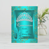 Quinceañera 15. Party Gold Aquamariner Glitzer Loo Einladung (Stehend Vorderseite)