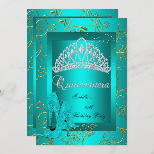 Quinceañera 15. Party Gold Aquamariner Glitzer Loo Einladung (Vorne/Hinten)