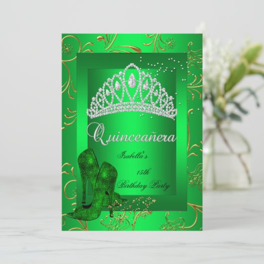 Quinceañera 15. Party Gold Green Glitzer Look Einladung (Stehend Vorderseite)
