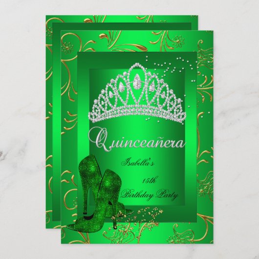 Quinceañera 15. Party Gold Green Glitzer Look Einladung (Vorne/Hinten)