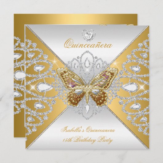 Quinceanera 15. Party Gold Silberschmetterling Tia Einladung (Vorne/Hinten)