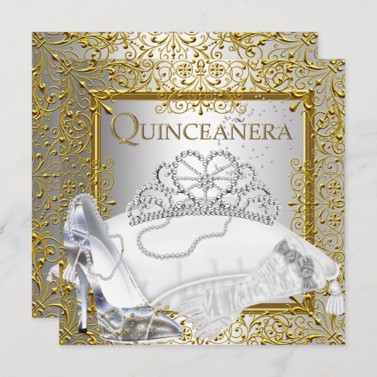 Quinceanera 15. Party Gold Silver Glitzer Look Einladung (Vorne/Hinten)