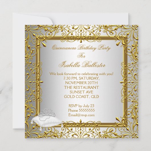 Quinceanera 15. Party Gold Silver Glitzer Look Einladung (Rückseite)