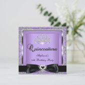 Quinceanera 15. Party Lilac Damask Silver Black Einladung (Stehend Vorderseite)