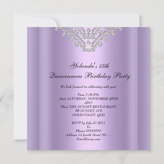 Quinceanera 15. Party Lilac Lila White Diamond Einladung (Rückseite)