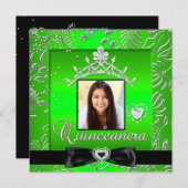 Quinceanera 15. Party Limette Green Silver Damask Einladung (Vorne/Hinten)