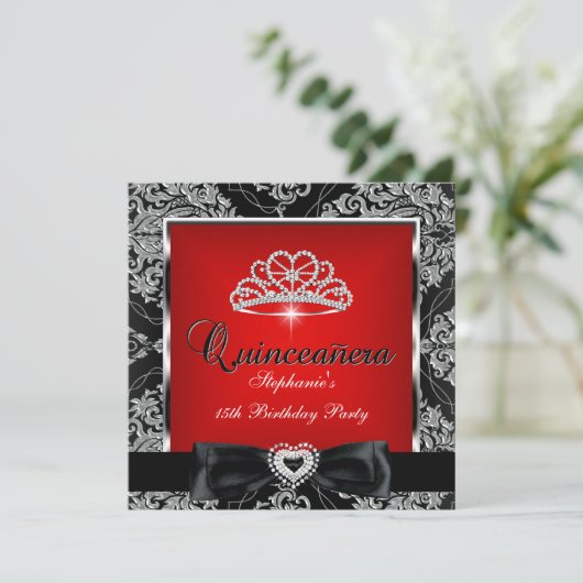 Quinceanera 15. Party Red Damask Silver Black Einladung (Stehend Vorderseite)