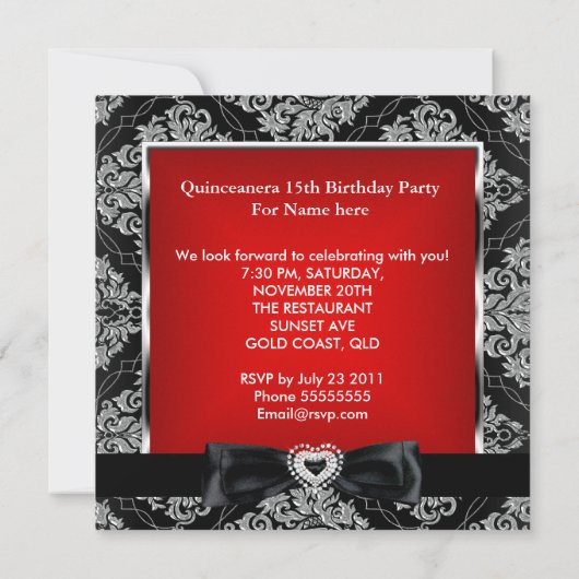 Quinceanera 15. Party Red Damask Silver Black Einladung (Rückseite)