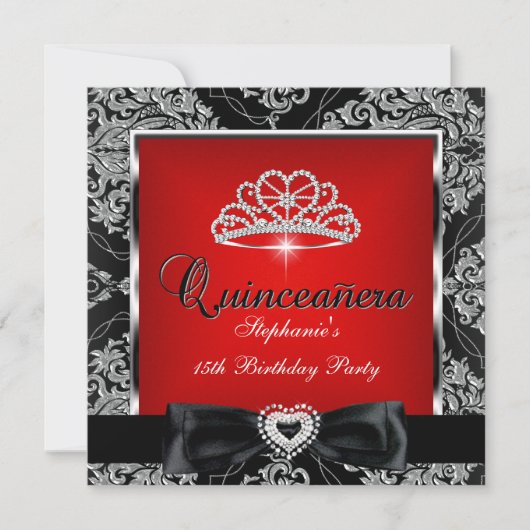 Quinceanera 15. Party Red Damask Silver Black Einladung (Vorderseite)
