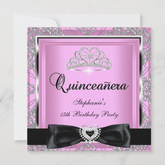 Quinceanera 15. Party Rosa Damaskus Silver Black Einladung (Vorderseite)