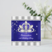 QUINCEANERA 15. Party Royal Blue Tiara Silver Einladung (Stehend Vorderseite)