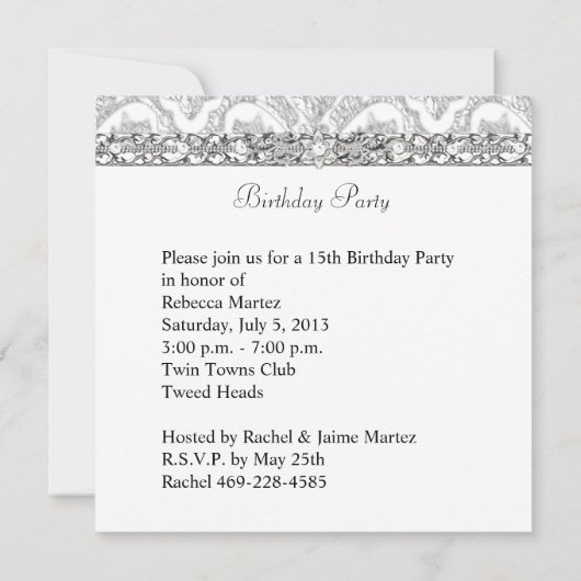 Quinceanera 15 Party Schwarz-weiß Damask Diamond Einladung (Rückseite)