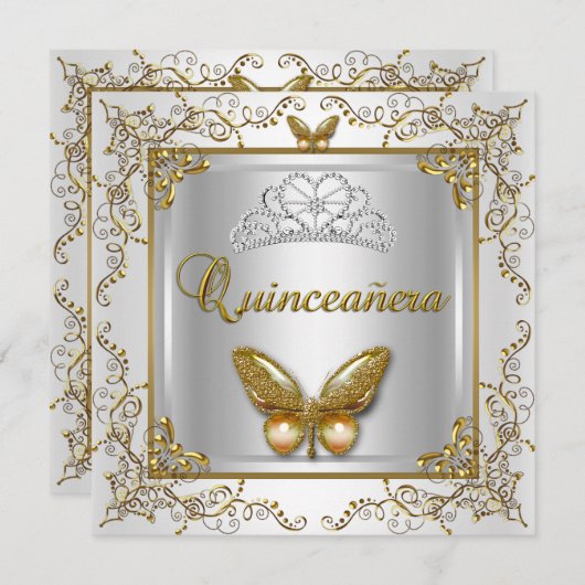 Quinceanera 15. Party Silberer Weißer Goldschmette Einladung (Vorne/Hinten)