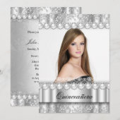 Quinceanera 15. Party Silver Damask Foto Einladung (Vorne/Hinten)