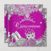 Quinceanera 15. Pink Pflaume Silber Maske Tiara Einladung (Vorne/Hinten)