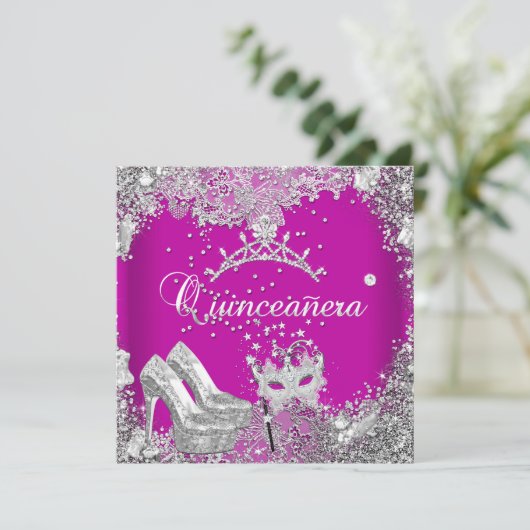 Quinceanera 15. Pink Pflaume Silber Maske Tiara Einladung (Stehend Vorderseite)