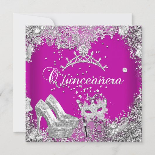Quinceanera 15. Pink Pflaume Silber Maske Tiara Einladung (Vorderseite)