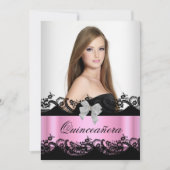 Quinceanera 15. Pink Schwarz-weiß Lace Foto Einladung (Vorderseite)