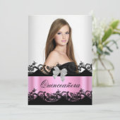 Quinceanera 15. Pink Schwarz-weiß Lace Foto Einladung (Stehend Vorderseite)