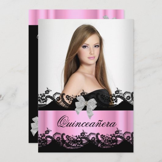Quinceanera 15. Pink Schwarz-weiß Lace Foto Einladung (Vorne/Hinten)