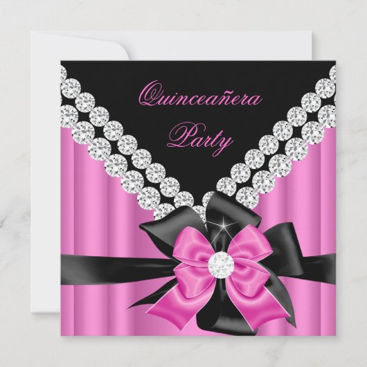 Quinceanera 15. Pink Silver Black Bow Diamonds Einladung (Vorderseite)