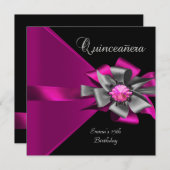 Quinceanera 15. Pink Silver Black Gray Bow 3 Einladung (Vorne/Hinten)
