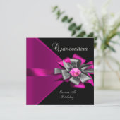 Quinceanera 15. Pink Silver Black Gray Bow 3 Einladung (Stehend Vorderseite)