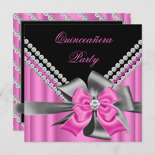 Quinceanera 15. Pink Silver Gray Bow Diamonds 2 Einladung (Vorne/Hinten)