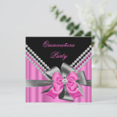 Quinceanera 15. Pink Silver Gray Bow Diamonds 2 Einladung (Stehend Vorderseite)