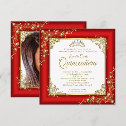 Quinceanera 15. Red Gold White Pearl Tiara Foto Einladung (Vorne/Hinten)