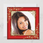 Quinceanera 15. Red Gold White Pearl Tiara Foto Einladung (Rückseite)