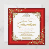 Quinceanera 15. Red Gold White Pearl Tiara Foto Einladung (Vorderseite)