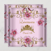 Quinceanera 15. Rosa Blume Gold Tiara Einladung (Vorne/Hinten)