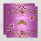 Quinceanera 15. Rosa Blume Gold Tiara Einladung (Vorne/Hinten)