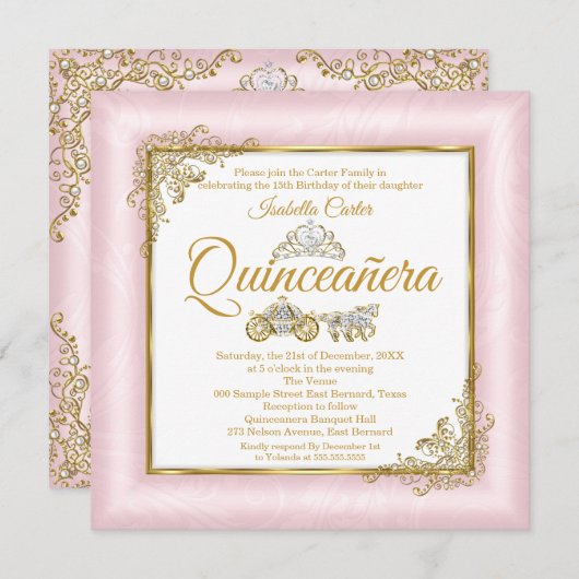 Quinceanera 15. Rosa Foto Carriage Einladung (Vorne/Hinten)