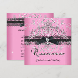 Quinceanera 15. Rosa Glitter-Tiara Schwarze Schlei Einladung