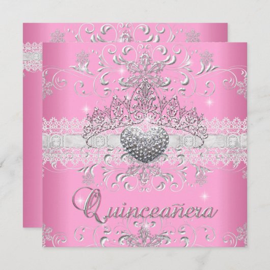 Quinceanera 15. Rosa Glitzer Tiara Spitzenherz Einladung (Vorne/Hinten)