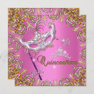 Quinceanera 15. Rosa Masquerade Party Gold Einladung
