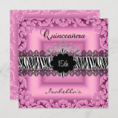 Quinceanera 15. Rosa Schwarz-weiß Zebra Lace Einladung (Vorne/Hinten)