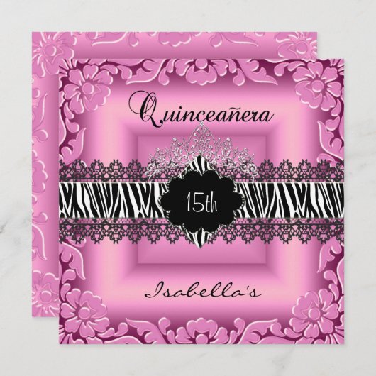 Quinceanera 15. Rosa Schwarz-weiß Zebra Lace Einladung (Vorne/Hinten)