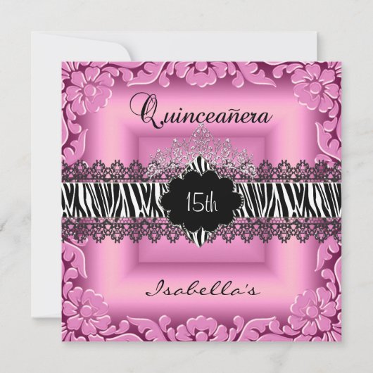 Quinceanera 15. Rosa Schwarz-weiß Zebra Lace Einladung (Vorderseite)