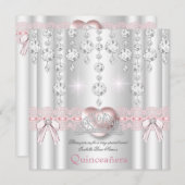 Quinceanera 15. Rosa Silberherz Diamanten 2 Einladung (Vorne/Hinten)