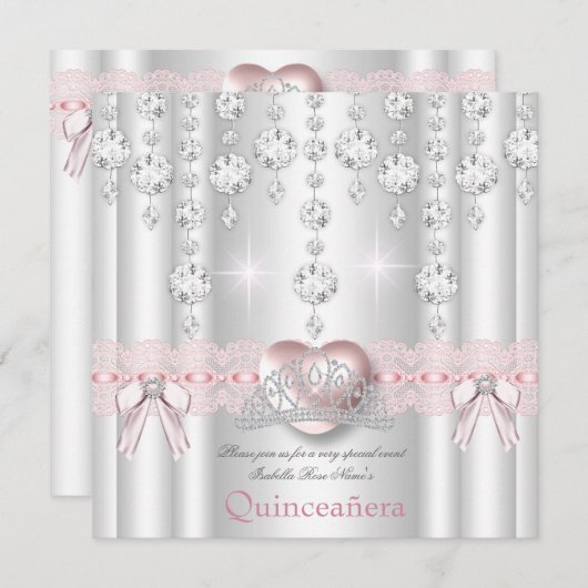 Quinceanera 15. Rosa Silberherz Diamanten 2 Einladung (Vorne/Hinten)