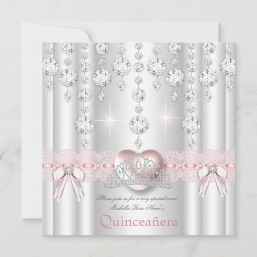 Quinceanera 15. Rosa Silberherz Diamanten 2 Einladung (Vorderseite)