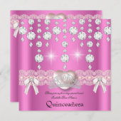 Quinceanera 15. Rosa Silberherz Diamanten 3 Einladung (Vorne/Hinten)