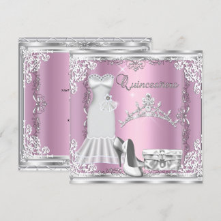 Quinceanera 15. Rosa Silver Diamond Tiara Einladung