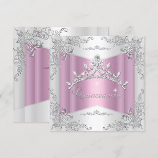 Quinceanera 15. Rosa Weiß Silber Tiara Einladung