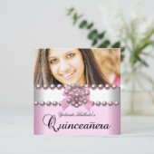 Quinceanera 15. Rosa Weißrosa Pearl Bow Foto Einladung (Stehend Vorderseite)